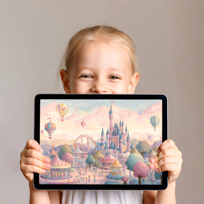 Dreamy Pastel Castle and Amusement Park Fantasy Wall Mural Wallpaper