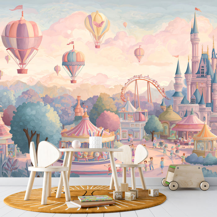 Dreamy Pastel Castle and Amusement Park Fantasy Wall Mural Wallpaper