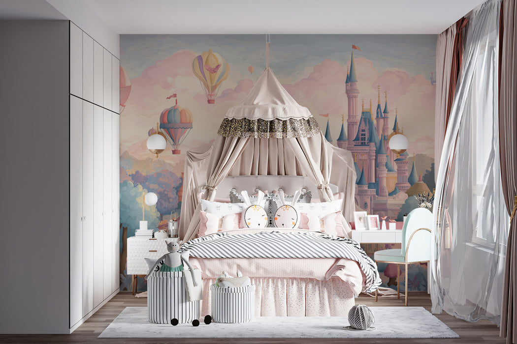 Dreamy Pastel Castle and Amusement Park Fantasy Wall Mural Wallpaper