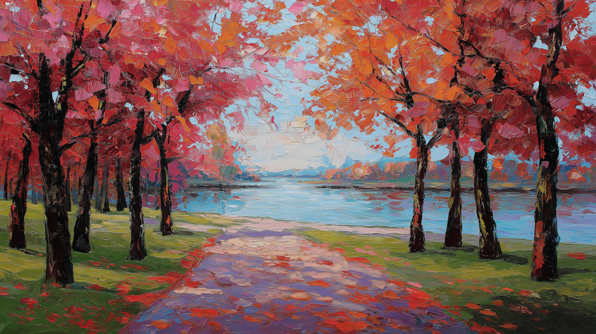 Vibrant Autumn Forest Path and River Impasto Oil Painting Wall Mural