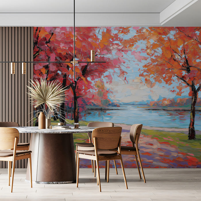 Vibrant Autumn Forest Path and River Impasto Oil Painting Wall Mural