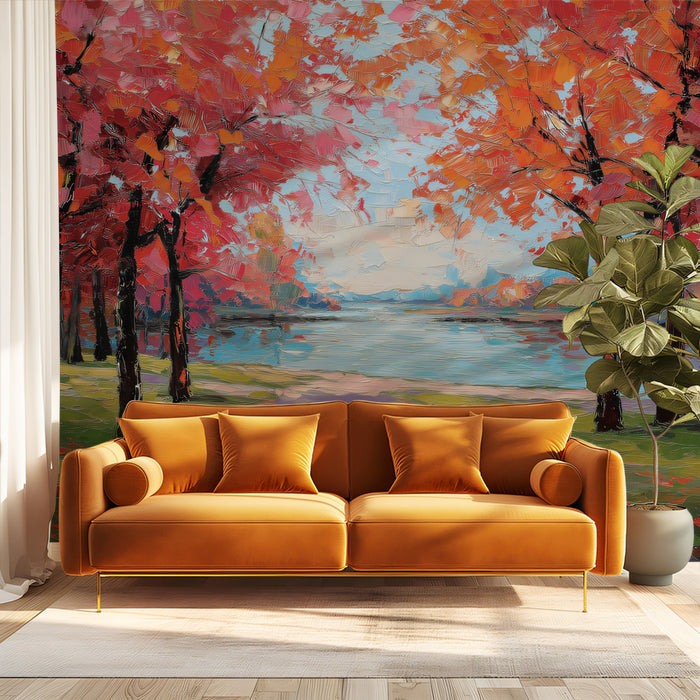 Vibrant Autumn Forest Path and River Impasto Oil Painting Wall Mural