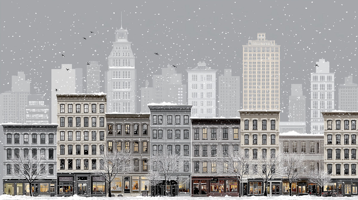 Snowy Vintage Cityscape and 19th Century Architecture Wall Mural Wallpaper