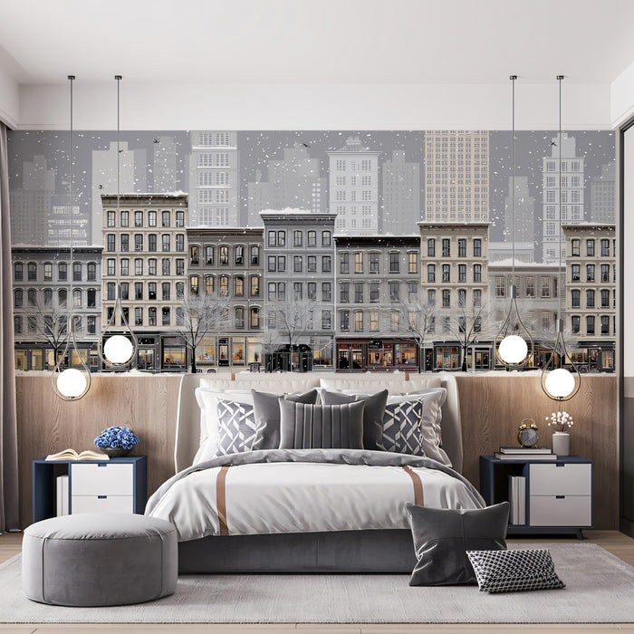 Snowy Vintage Cityscape and 19th Century Architecture Wall Mural Wallpaper