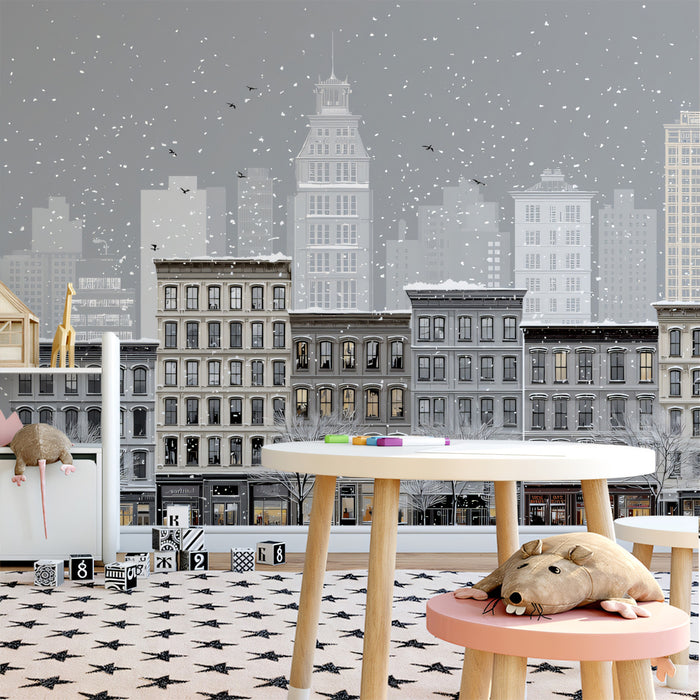 Snowy Vintage Cityscape and 19th Century Architecture Wall Mural Wallpaper