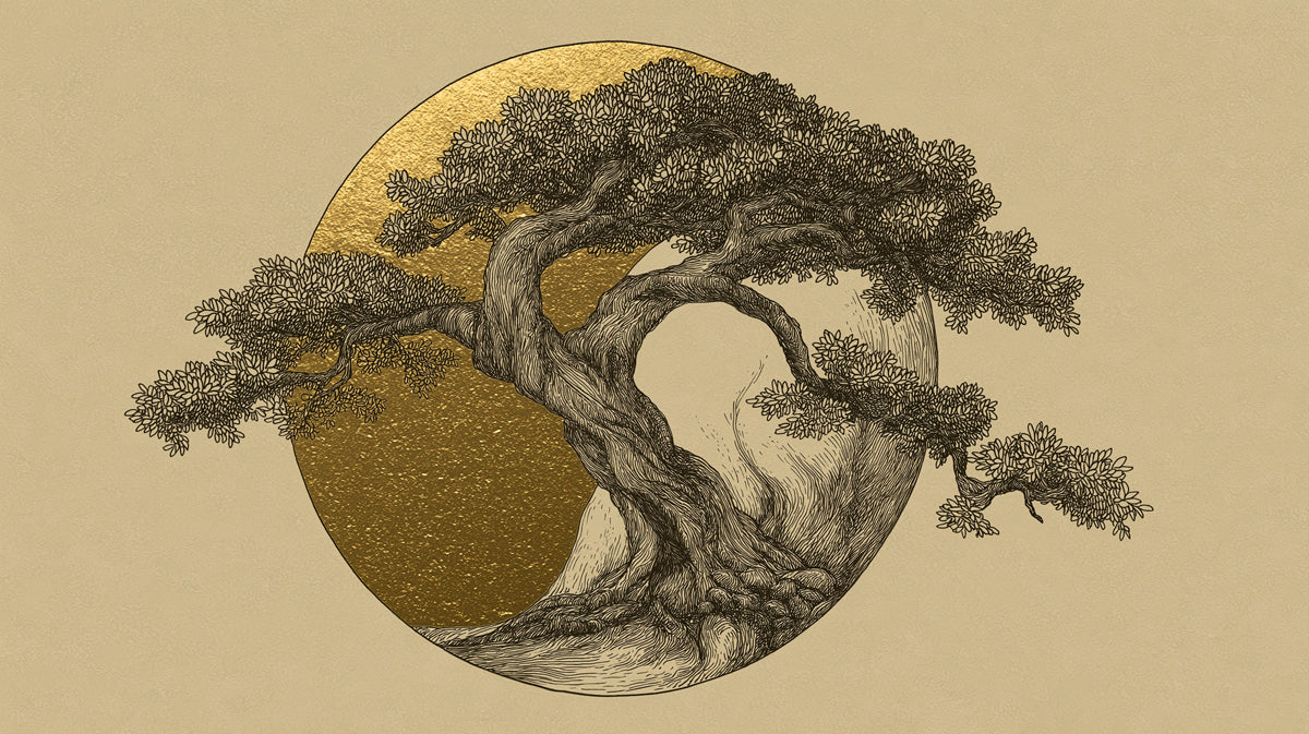Golden Zen Bonsai Tree and Sun Minimalist Fine Art Wall Mural