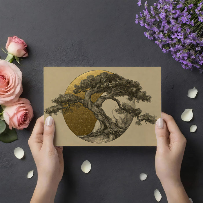 Golden Zen Bonsai Tree and Sun Minimalist Fine Art Wall Mural