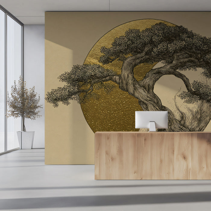 Golden Zen Bonsai Tree and Sun Minimalist Fine Art Wall Mural