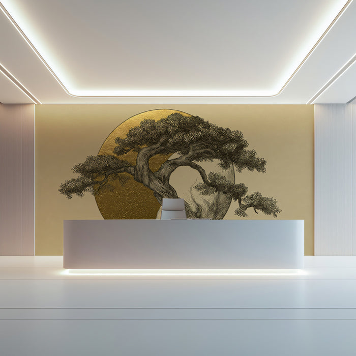 Golden Zen Bonsai Tree and Sun Minimalist Fine Art Wall Mural