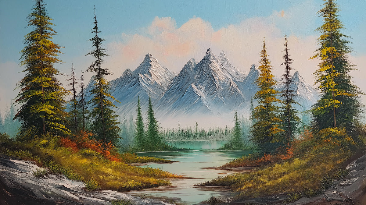 Radiant Alpine Reflection Mural - Vibrant Oil Painting Landscape