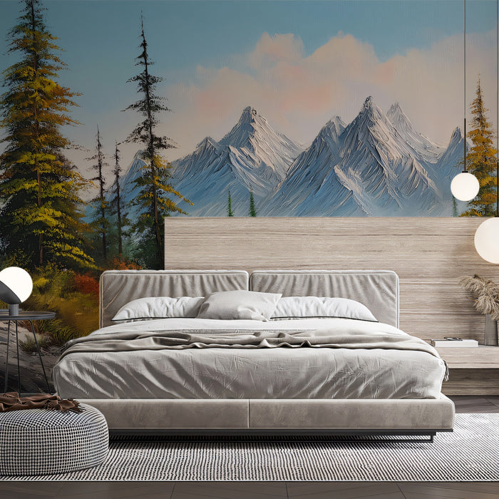 Radiant Alpine Reflection Mural - Vibrant Oil Painting Landscape