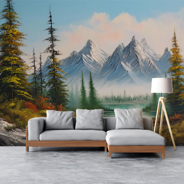 Radiant Alpine Reflection Mural - Vibrant Oil Painting Landscape