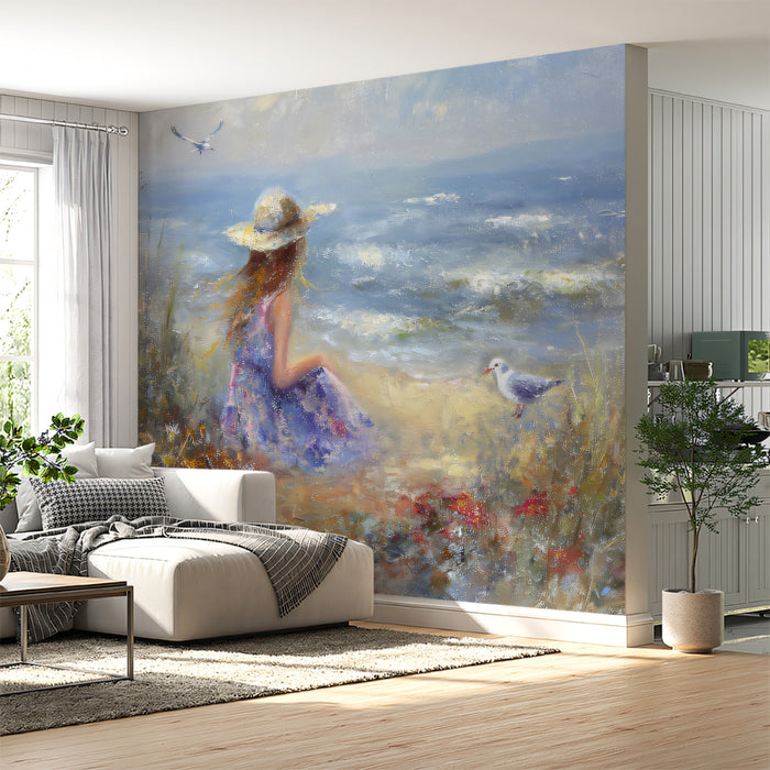 Seaside Seagull Dream Mural - Soft Impressionist Summer Decor