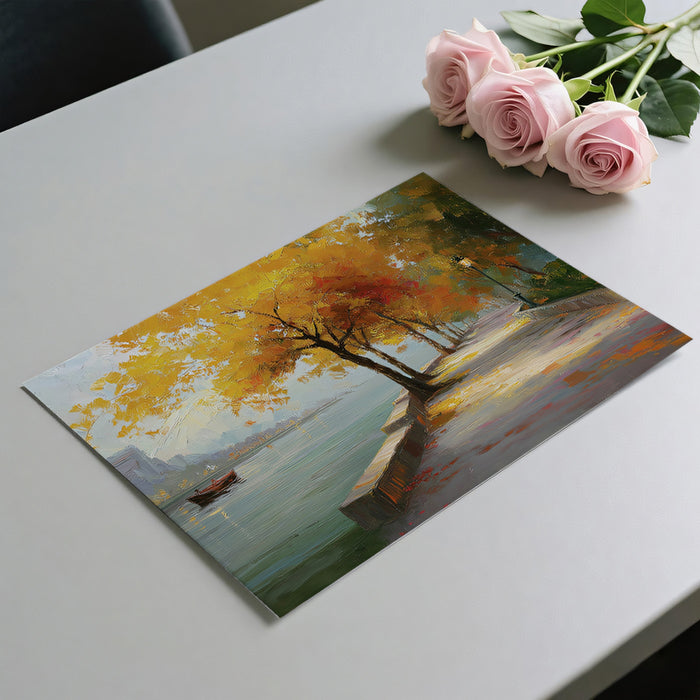 Autumn Promenade by the Lake Mural - Romantic Park Scene Wall Art