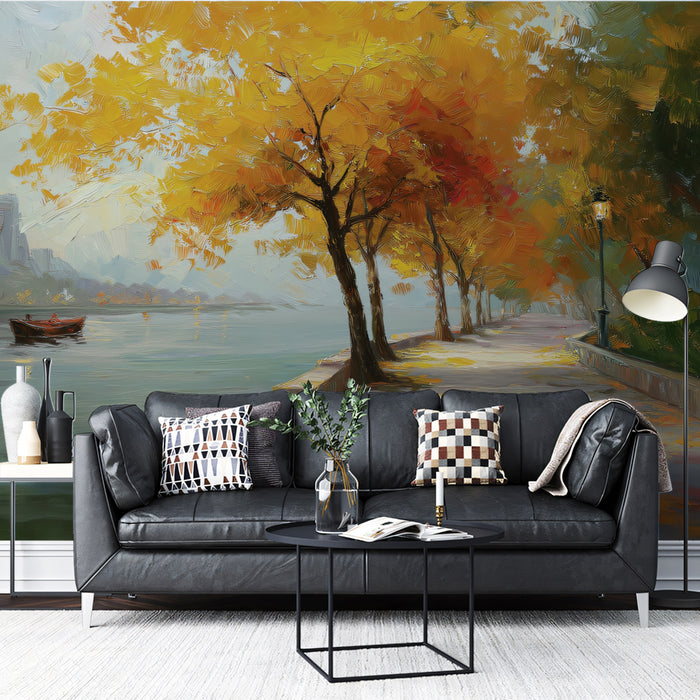 Autumn Promenade by the Lake Mural - Romantic Park Scene Wall Art