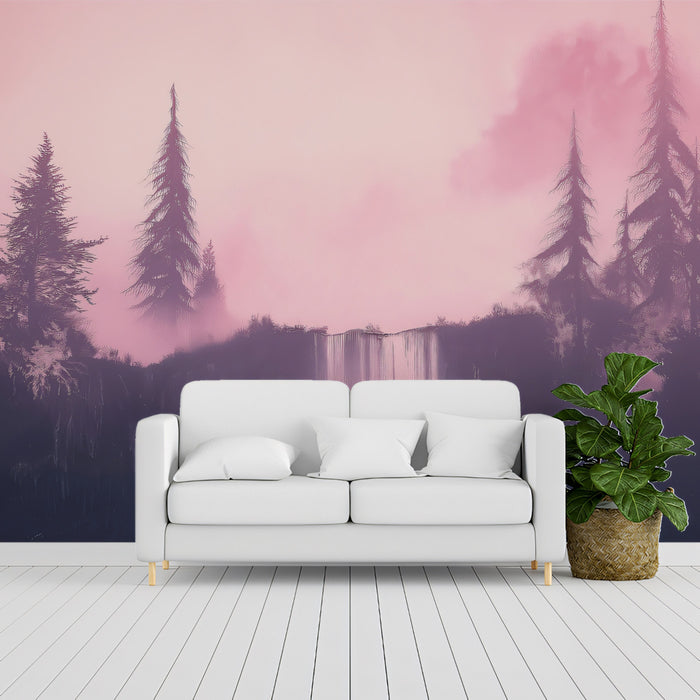 Lavender Mist Waterfall Mural - Dreamy Fantasy Landscape