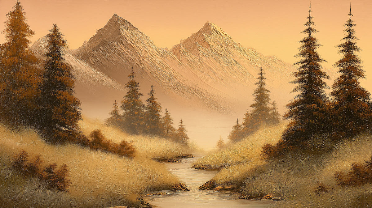 Golden Hour Mountain Stream Mural - Warm Textured Wilderness Painting