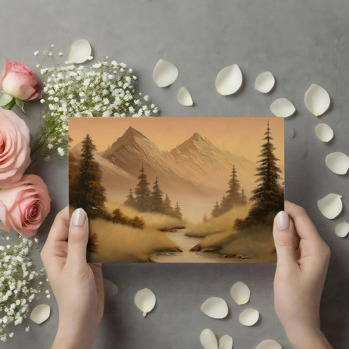 Golden Hour Mountain Stream Mural - Warm Textured Wilderness Painting