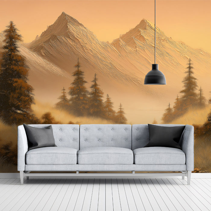 Golden Hour Mountain Stream Mural - Warm Textured Wilderness Painting