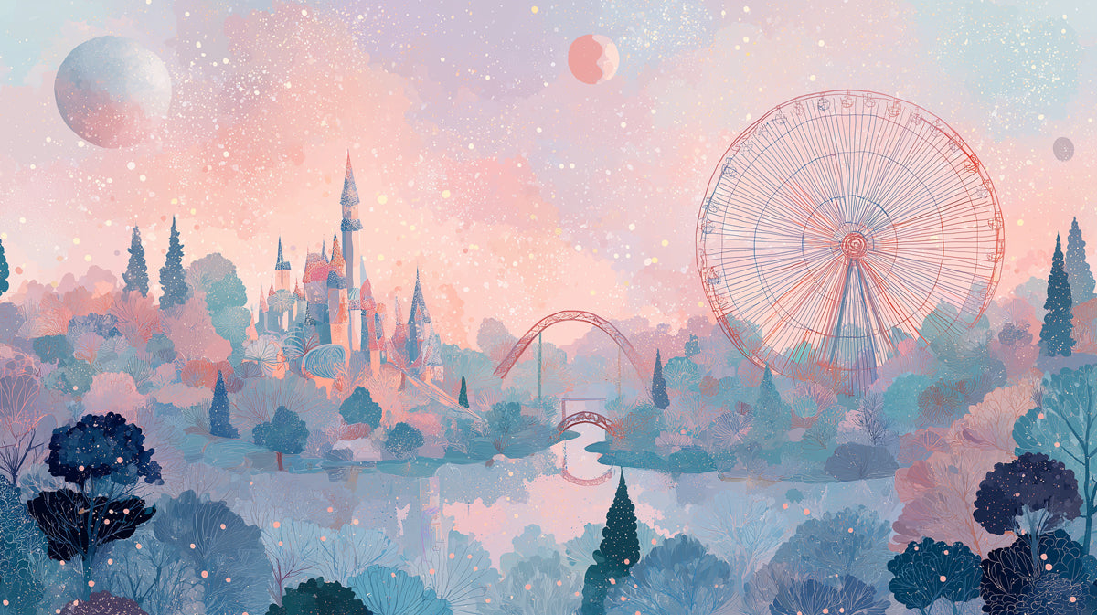 Celestial Fairground Lake Mural - Dreamy Pastel Galaxy Wall Decor