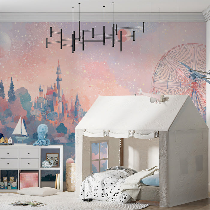 Celestial Fairground Lake Mural - Dreamy Pastel Galaxy Wall Decor