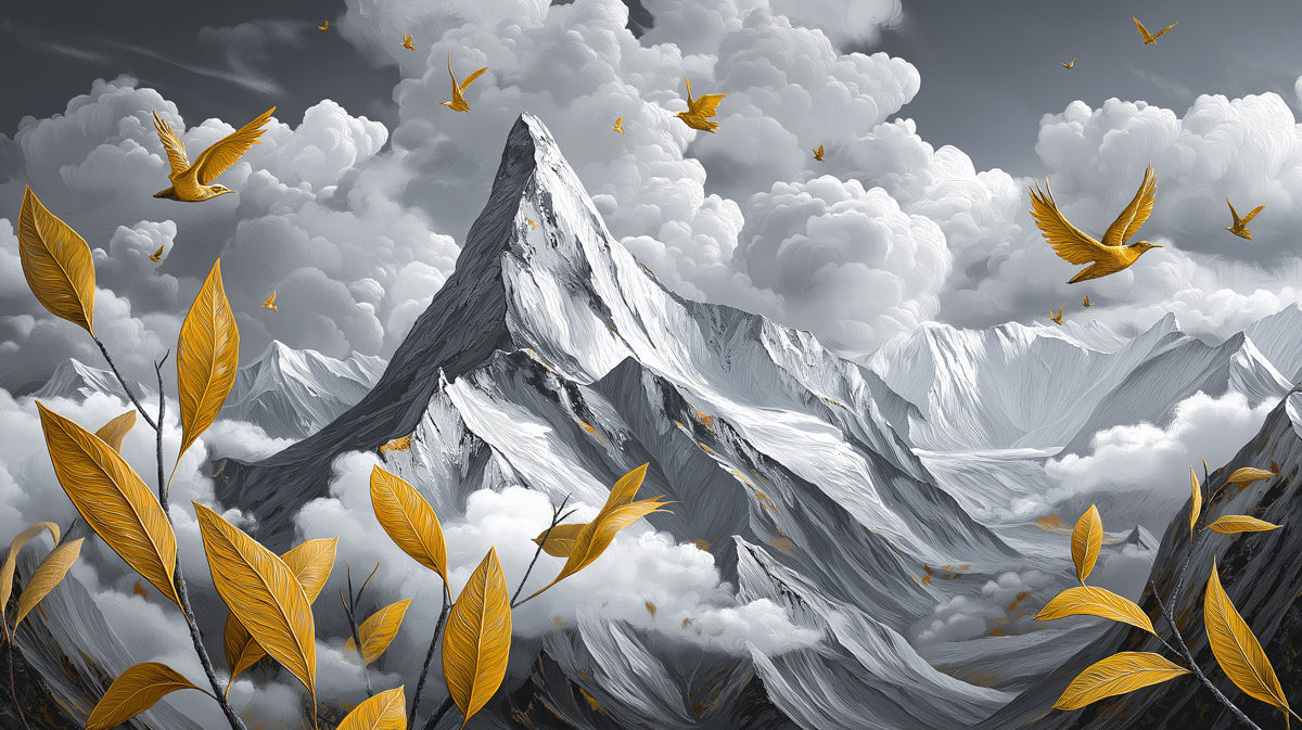 Golden Flight Over Monotone Peaks Mural - Modern Surrealist Wall Decor