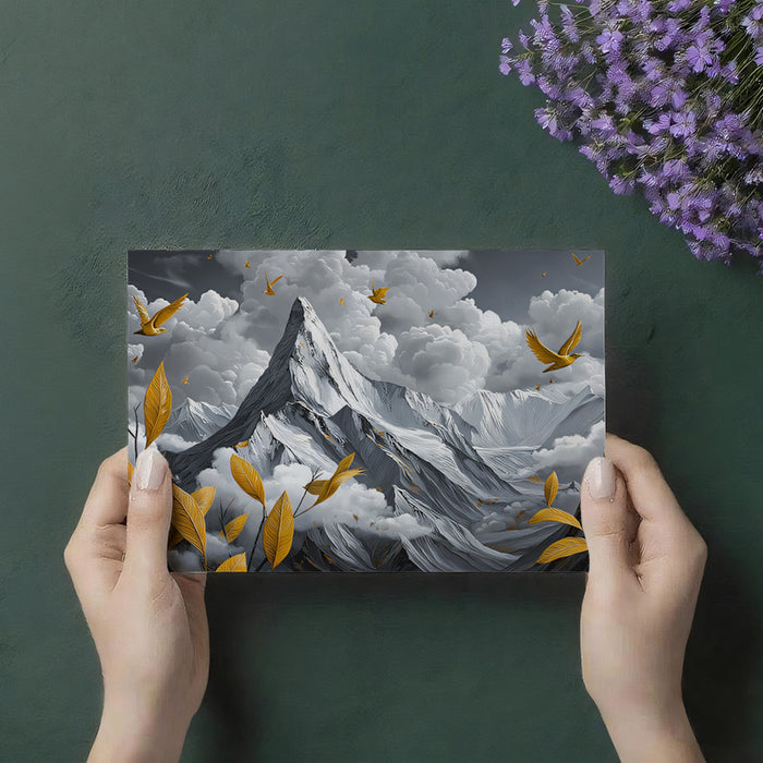 Golden Flight Over Monotone Peaks Mural - Modern Surrealist Wall Decor