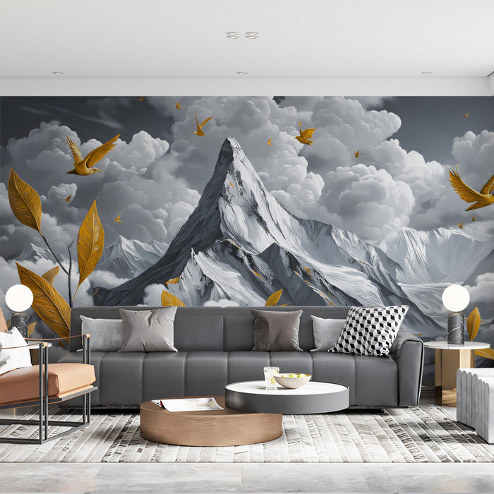Golden Flight Over Monotone Peaks Mural - Modern Surrealist Wall Decor