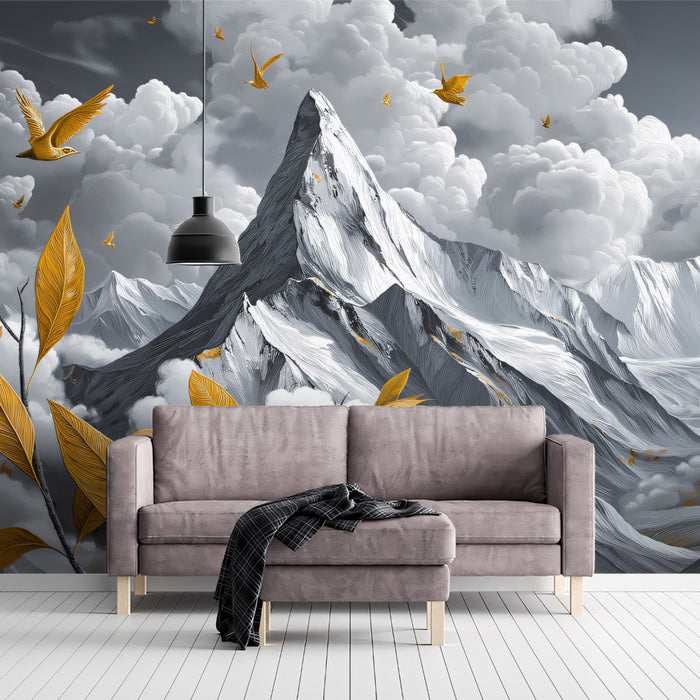 Golden Flight Over Monotone Peaks Mural - Modern Surrealist Wall Decor