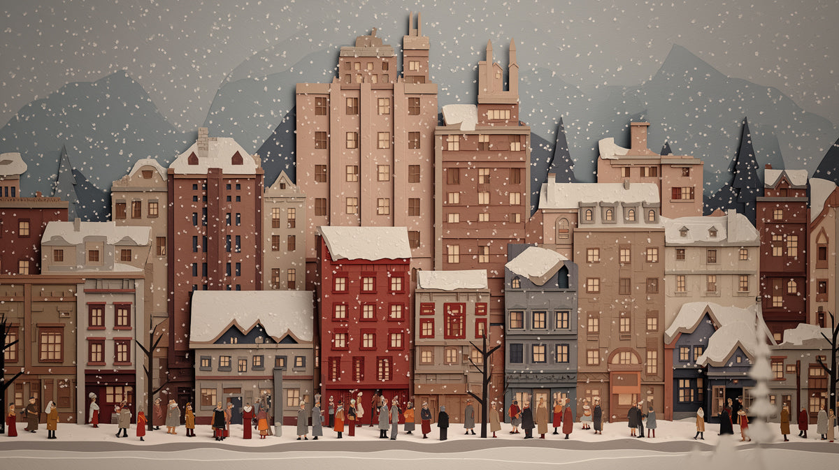 Snowy Paper-Cut Cityscape Mural - Whimsical Winter Street Decor