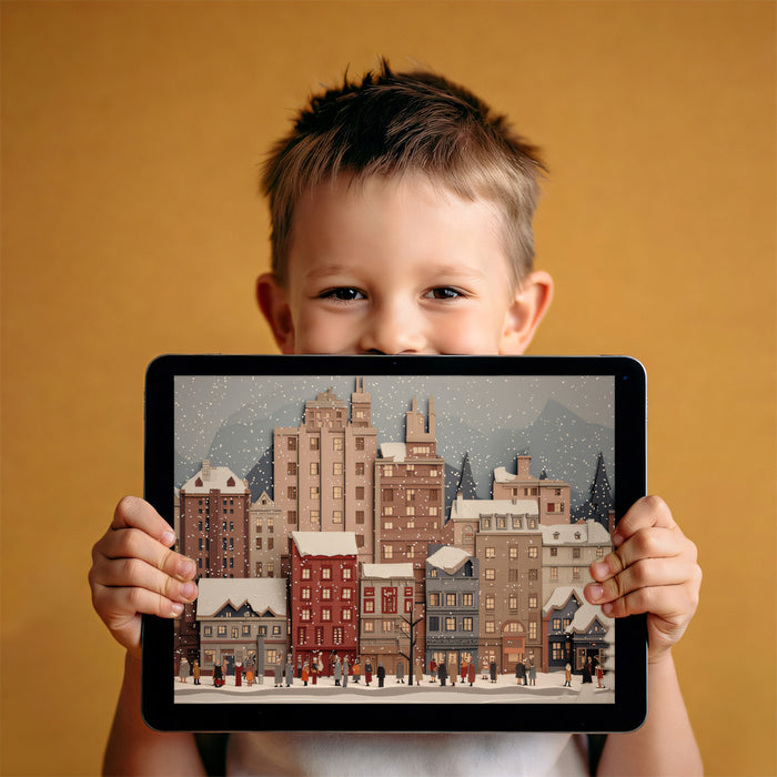 Snowy Paper-Cut Cityscape Mural - Whimsical Winter Street Decor