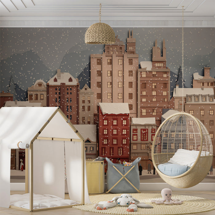 Snowy Paper-Cut Cityscape Mural - Whimsical Winter Street Decor