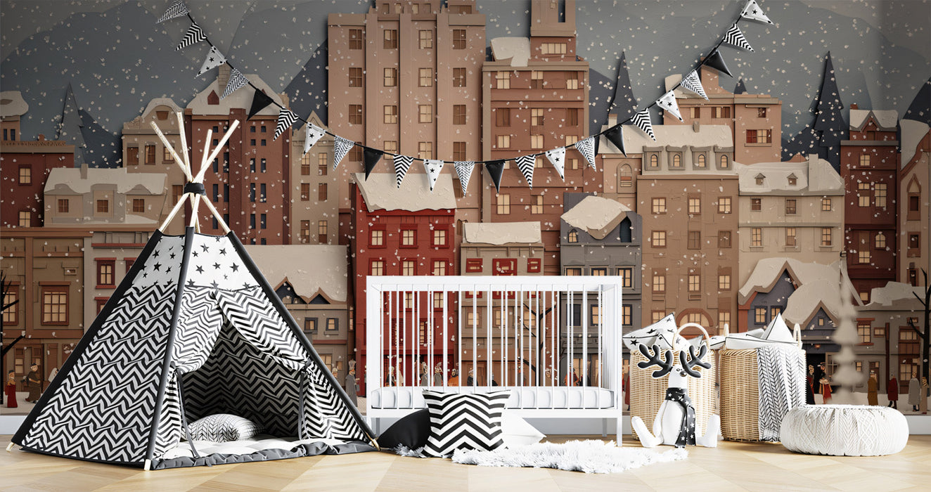 Snowy Paper-Cut Cityscape Mural - Whimsical Winter Street Decor