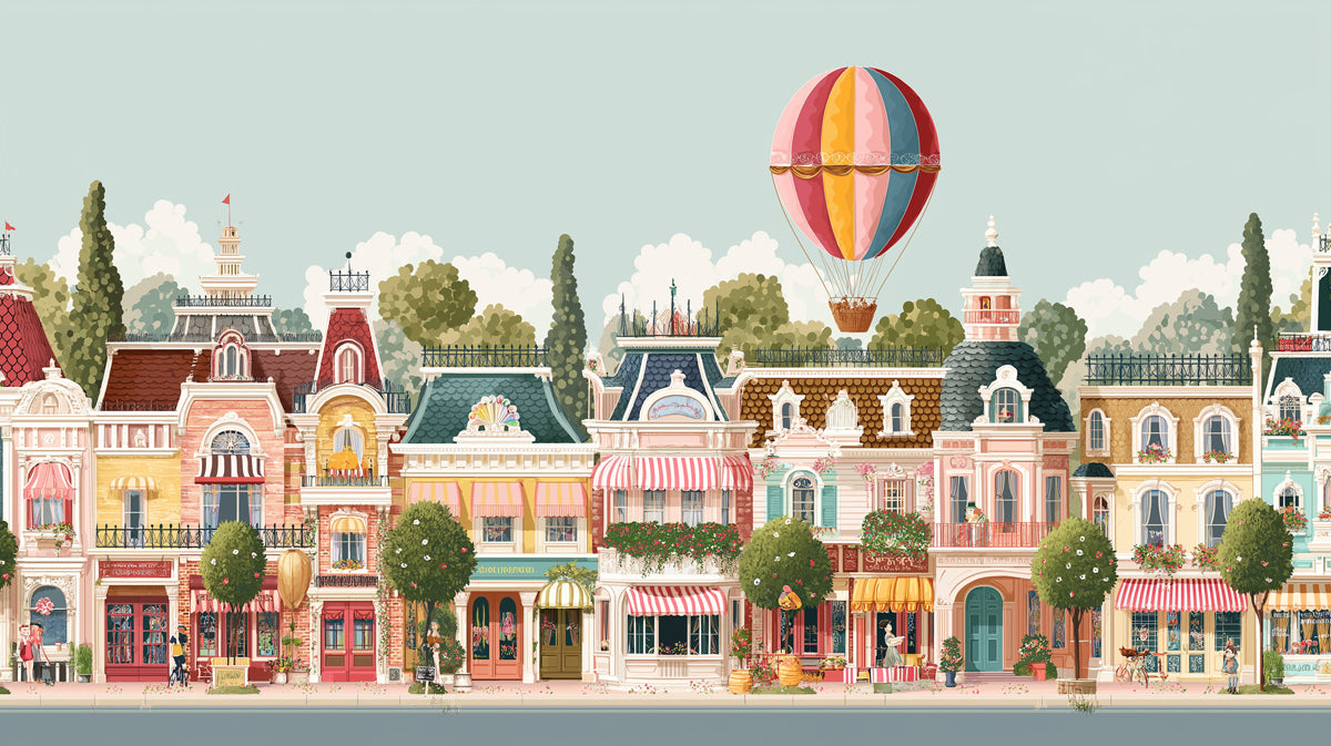 Whimsical Victorian Promenade Mural - Colorful Storybook Street Art