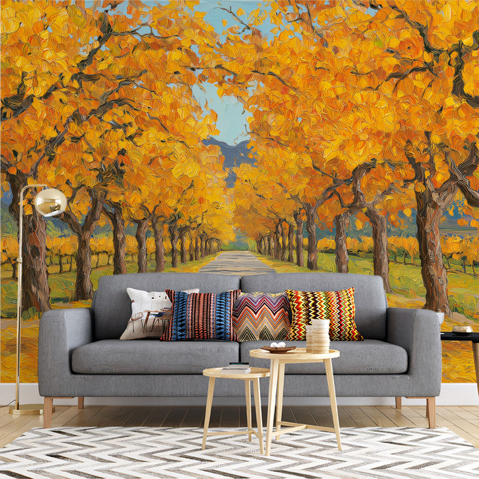 Golden Orchard Perspective Mural - Vibrant Impasto Autumn Art