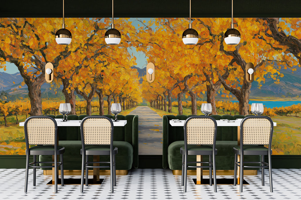 Golden Orchard Perspective Mural - Vibrant Impasto Autumn Art