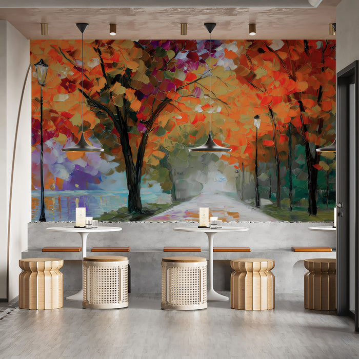 Midnight Autumn Park Mural - Romantic Vibrant Impressionist Art