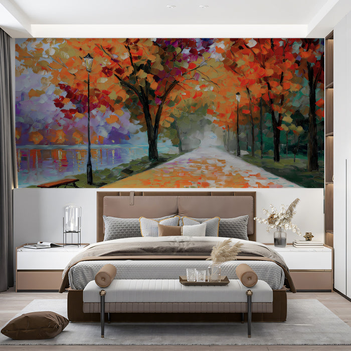 Midnight Autumn Park Mural - Romantic Vibrant Impressionist Art