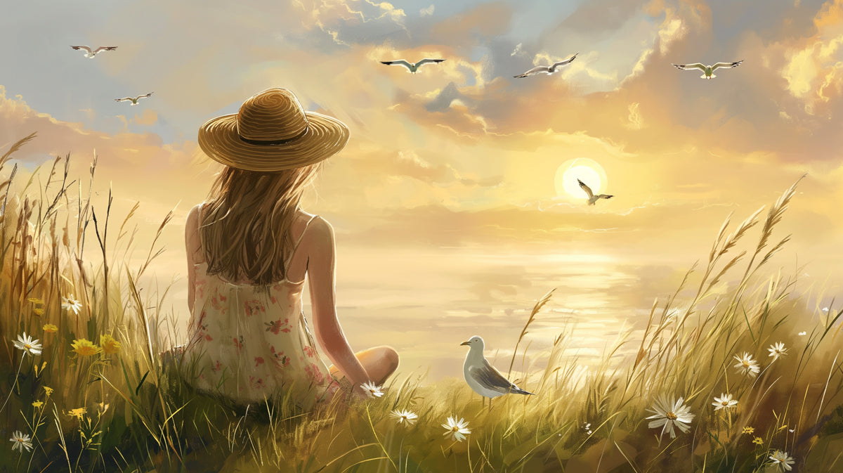 Golden Hour Shore Solitude Mural - Serene Coastal Dreamscape