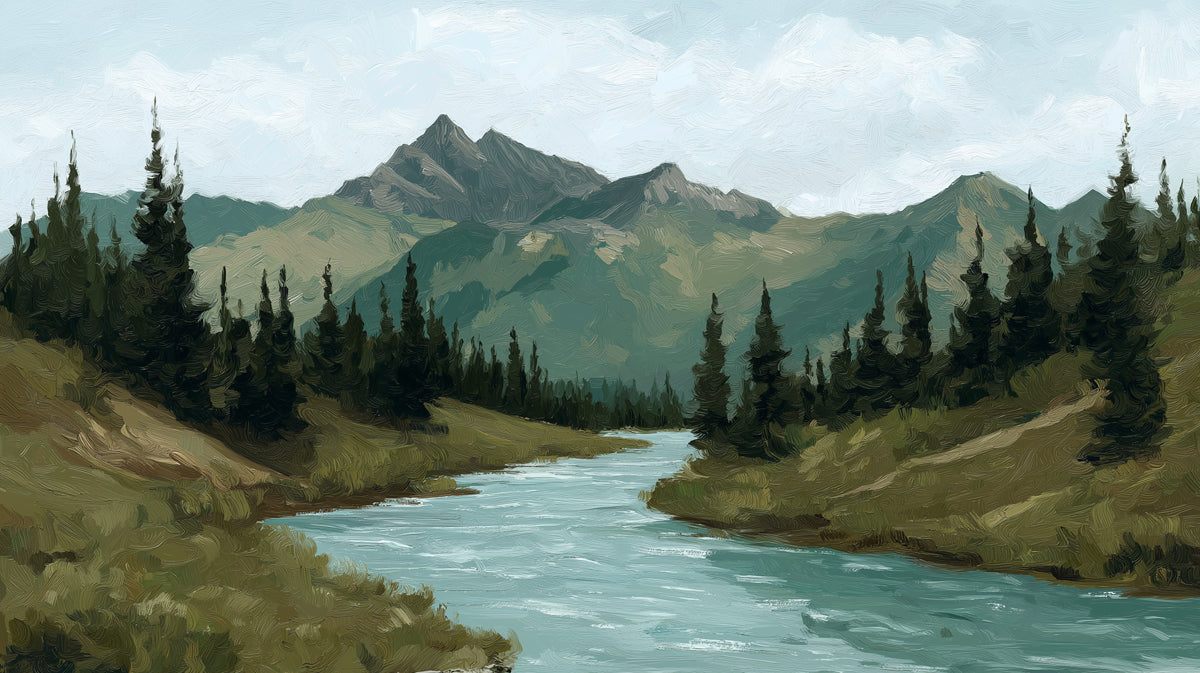 Majestic Alpine Pine Valley Mural - Textured Mountain River Painting