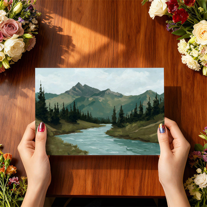 Majestic Alpine Pine Valley Mural - Textured Mountain River Painting