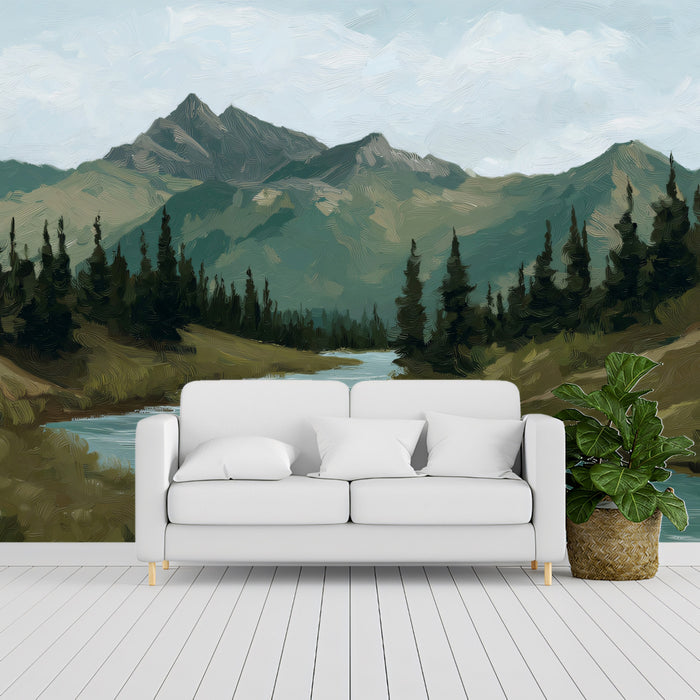 Majestic Alpine Pine Valley Mural - Textured Mountain River Painting