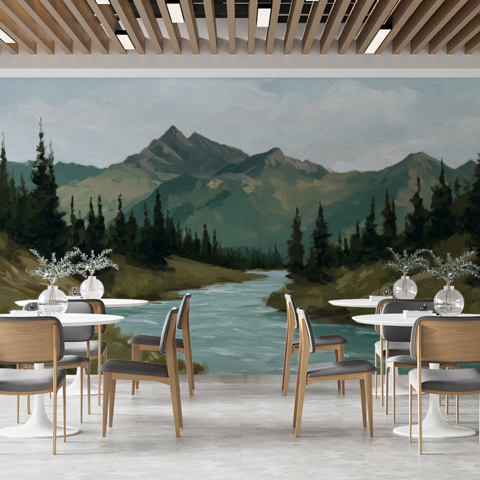 Majestic Alpine Pine Valley Mural - Textured Mountain River Painting
