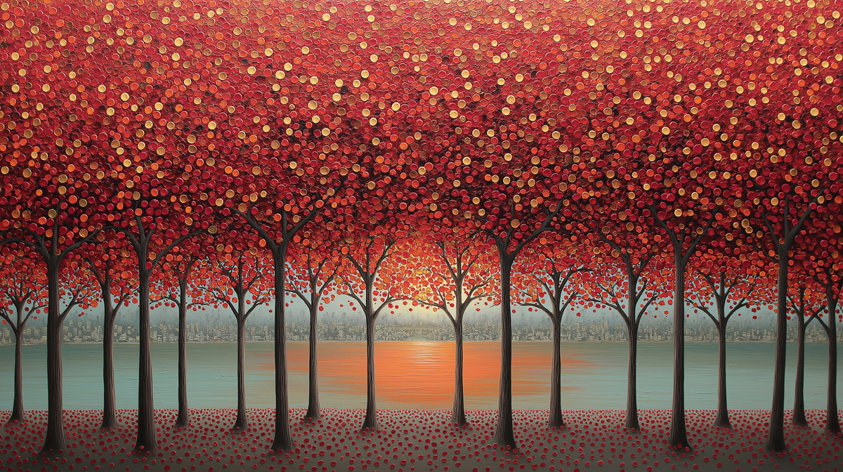 Radiant Autumn Forest Sunset Mural - Modern Dot-Work Nature Art