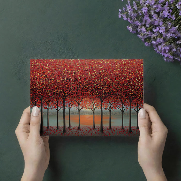 Radiant Autumn Forest Sunset Mural - Modern Dot-Work Nature Art