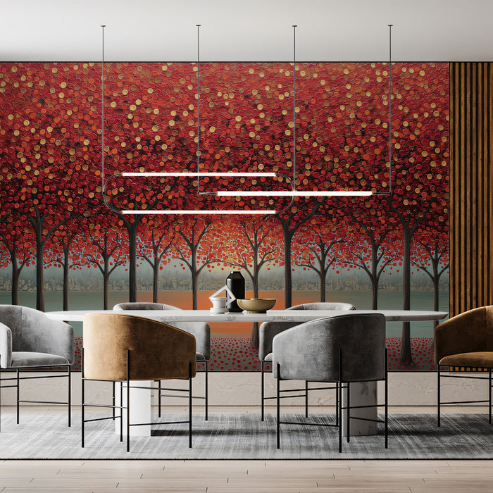 Radiant Autumn Forest Sunset Mural - Modern Dot-Work Nature Art