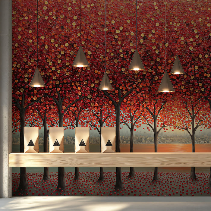 Radiant Autumn Forest Sunset Mural - Modern Dot-Work Nature Art