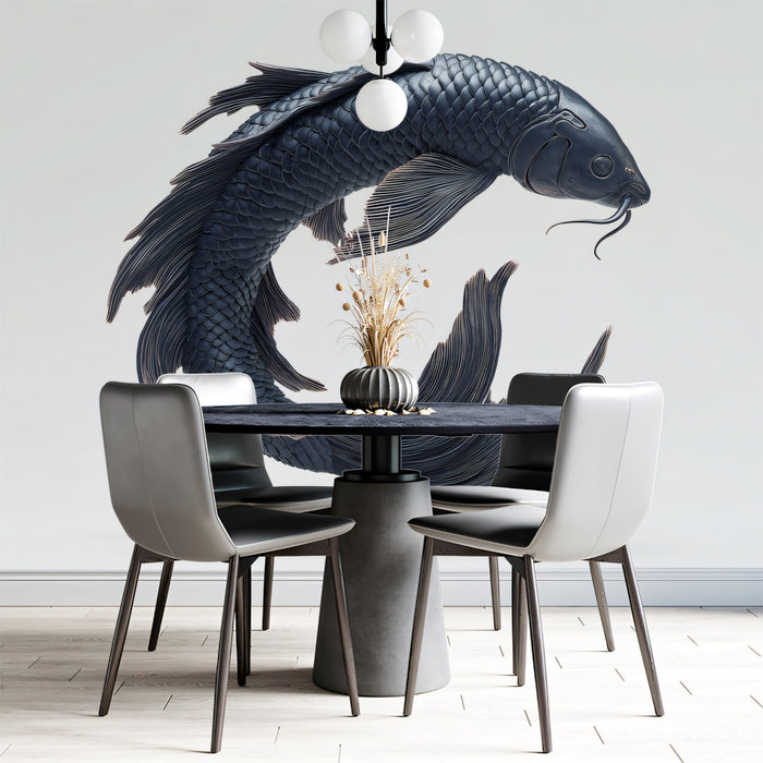 Sculptural Ink Koi Minimalism Wall Mural | Elegant Zen Fluidity & High-End Ceramic Aesthetic Art