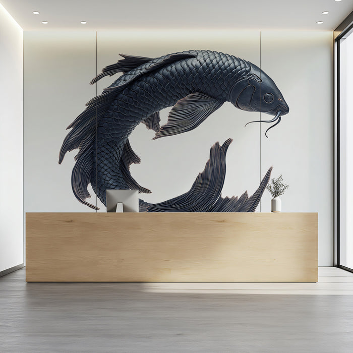 Sculptural Ink Koi Minimalism Wall Mural | Elegant Zen Fluidity & High-End Ceramic Aesthetic Art