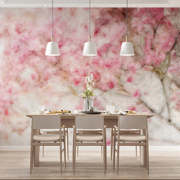 Dreamy Impressionist Cherry Blossom Canopy Wall Mural | Romantic Floral Oil Painting & Soft Spring Breeze Decor